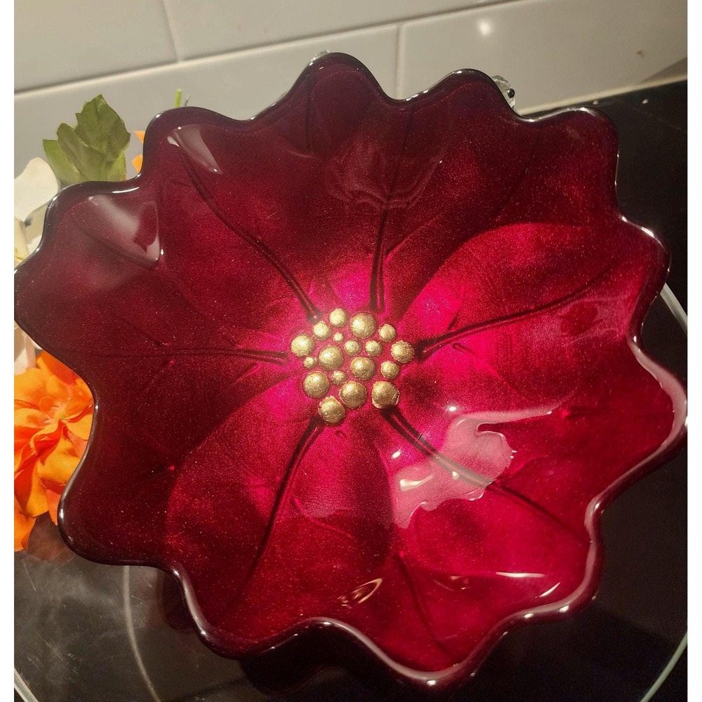 Ruby Red Poinsettia Art Glass Bowl Christmas Holiday Centerpiece Gold Berry 8in